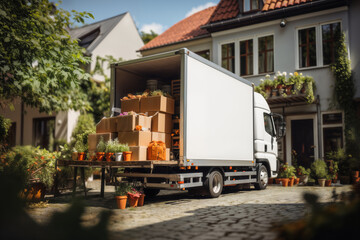 truck and boxes near the house, unloading and moving to another house