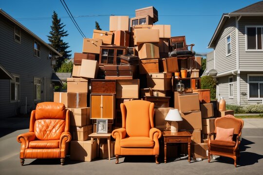 a bunch of boxes, suitcases, furniture and things on a street in front of a house, as a concept for moving to another apartment