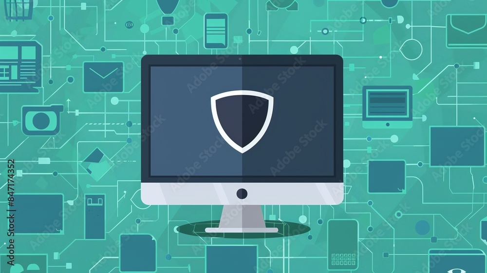 Wall mural a flat cartoon of a desktop pc shielded by a protection icon symbolizes computer security firewall t