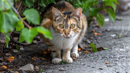 Fototapeta premium Cat with tortoiseshell pattern spotted in outdoor yard