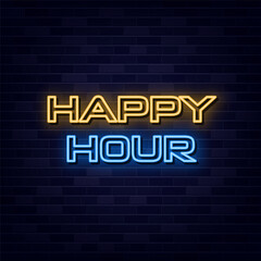 Obraz premium Happy Hour Neon Text Vector Neon Sign Symbol Light banner Light art.