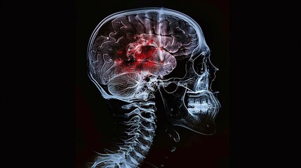 Gunshot wound with traumatic brain injury shown as metallic foreign body in skull x-ray