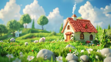 Charming animated countryside scene with a cozy house, blooming flowers, sheep grazing, and a...