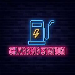 Obraz premium Charging Station Neon Sign with Brick Wall Background