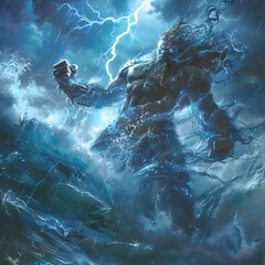 Fototapeta premium A powerful painting of a man standing amidst a storm with lightning, showcasing the dramatic atmosphere of wind waves, thunder, and a dark azure sky