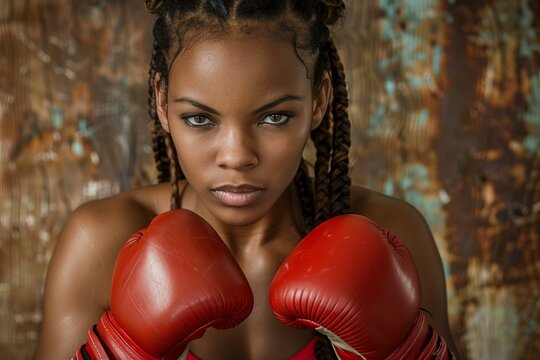 Young female boxer is standing in a fighting stance, wearing red boxing gloves, with a determined expression - Powered by Adobe