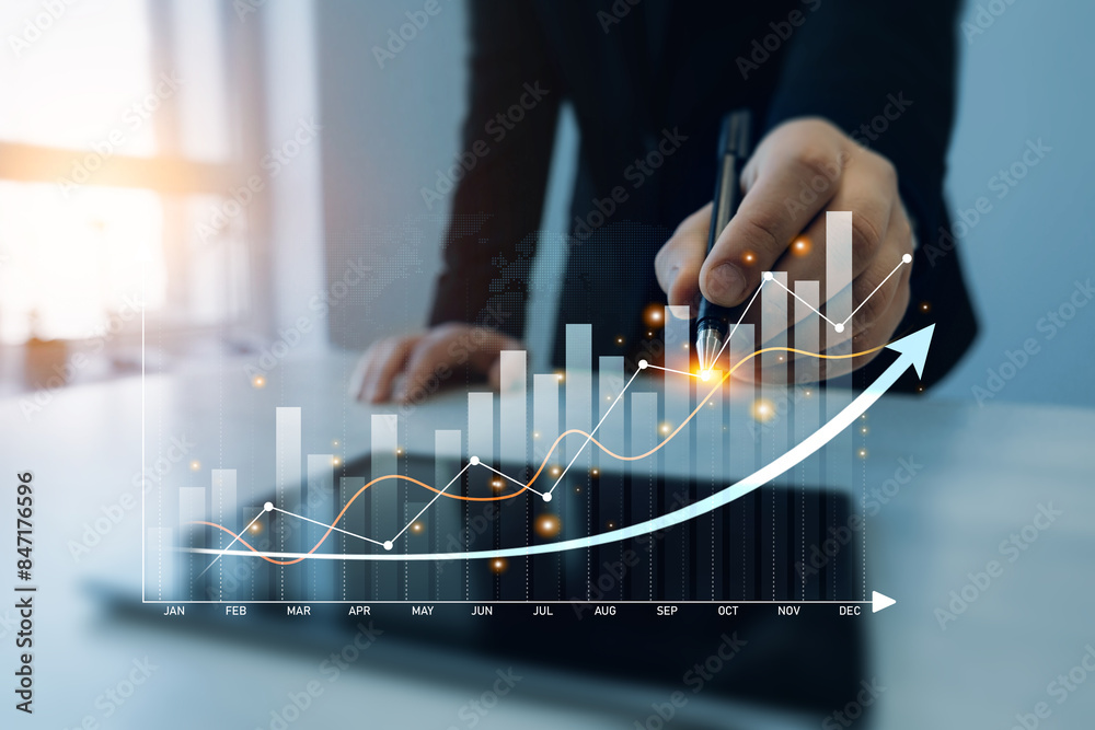 Poster growth graphic with rising arrows. financial diagram graph and profit stock market chart. business g