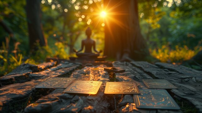 Tarot Cards Spread on Tree Root in Forest With Buddha Statue at Sunset