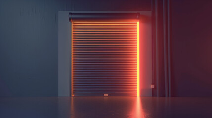 futuristic closed roller door glowing in dark room