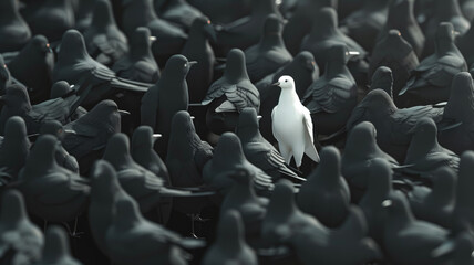 Obraz premium Standing out from the crowd , white bird standing between many gray birds. Generative AI