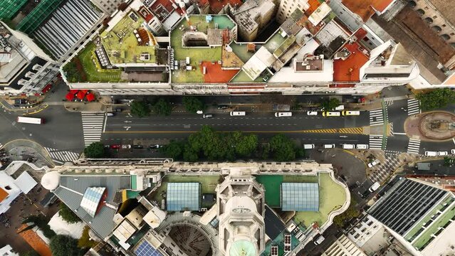 Historic district of Buenos Aires, Argentina. Aerial camera overhead along Diagonal Sur and overflying Plaza de Mayo to Casa Rosada