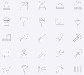 Set of line icons related construction. Outline icon collection. Vector illustration. Editable stroke.