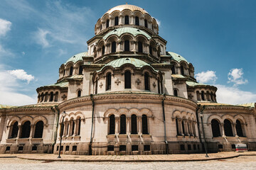 Exterior view of Patriarchal Cathedral of St. Alexander Nevsky on sunny day Sofia Bulgaria