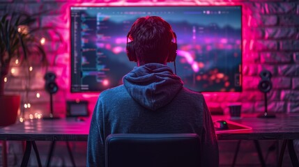 Innovative programmer at high tech standing desk, surrounded by code, embracing minimalism