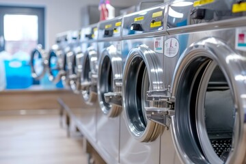 Row of Shiny Stainless Steel Washing Machines in a Modern Laundromat