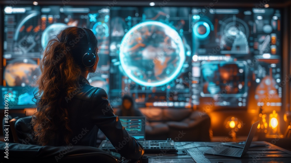 Aufkleber a woman wearing headphones sits in front of a large screen displaying a holographic globe and other 