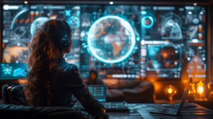 A woman wearing headphones sits in front of a large screen displaying a holographic globe and other digital interfaces, participating in a virtual support group meeting.