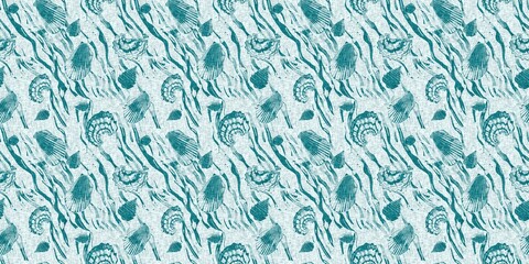 Teal turquoise blue white shell motif with linen seamless batik border background. Modern coastal beach cottage rustic shell block print home decor pattern design in sealife banner beach style. 