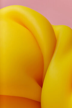 Abstract yellow object with tangled curves on pink studio background