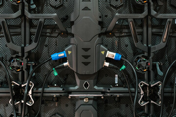 LED video wall with electric cables during installation