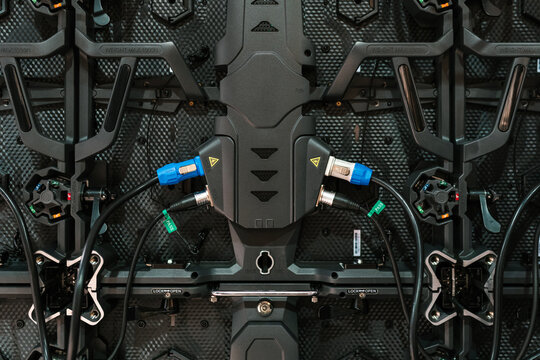 LED video wall with electric cables during installation