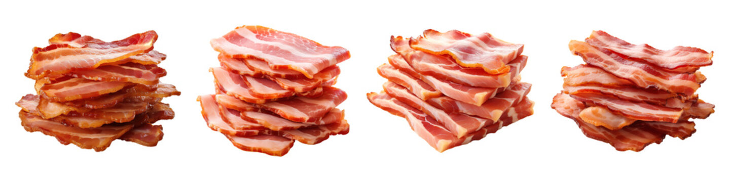 Collection set of cooked bacon slices isolated on transparent background