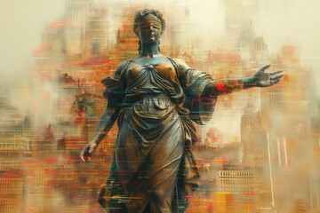 Statue of Lady Justice blended in cityscape