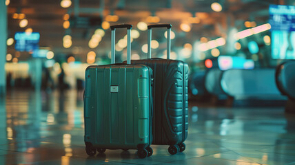 Suitcases in airport. Travel concept. 3d rendering