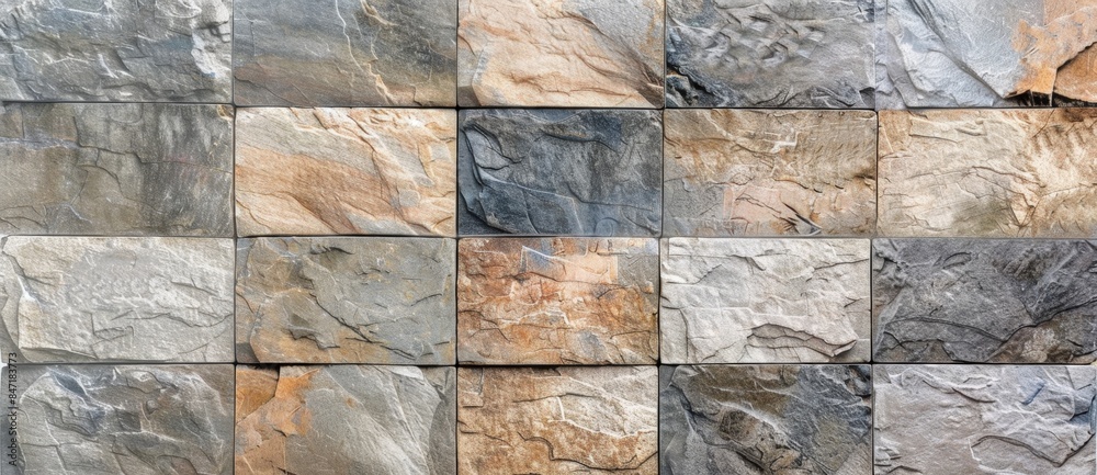 Poster rectangular tiles in different shades of gray and brown are fixed to the wall, creating a pattern an