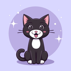Black smiling cat on blue background. Vector cute animal character.