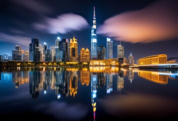 Fototapeta premium urban skyline mirrored calm river surface, cityscape, reflection, tranquil, water, buildings, calmness, city, peaceful, waterside, metropolitan, stillness,