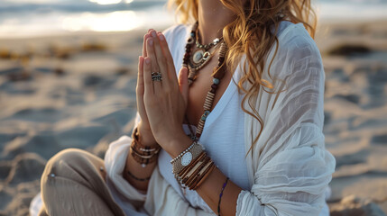 Close-up of the hands of a girl dressed in boho style. Prayer or meditation on the ocean shore. © Roxy jr.