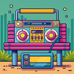 Fototapeta premium A colorful boombox sits on a bench next to a small radio. The scene is set in a lush green field, with a bright blue sky overhead. The boombox and radio are the main focus of the image