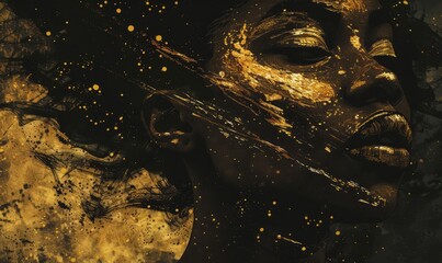 portrait with closeup of African American female with gold paint on face and body and golden against dark background