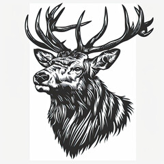 A black and white drawing of a deer 's head with antlers