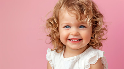 Naklejka premium Portrait of a little girl in a white dress with light blue eyes and curly blonde hair on a bright pink background