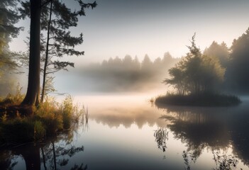 Obraz premium mystical fog above woodland pond early morning light, mist, forest, lake, dawn, nature, tranquil, serene, reflection, water, trees, calm, peaceful, beauty