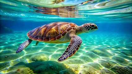 A Turtle swimming in crystal water