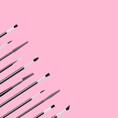 Set of makeup brushes isolated on a pastel pink background. Cosmetics tools collection vector illustration. Beauty accessories for make-up salon, eyelashes and brows extensions cards and designs