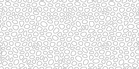 Stones monochrome seamless pattern. Abstract geometric smooth rounded shapes vector illustration. Outline effect bubbles repeated background. Black and white colors. Simple random pebbles and rocks