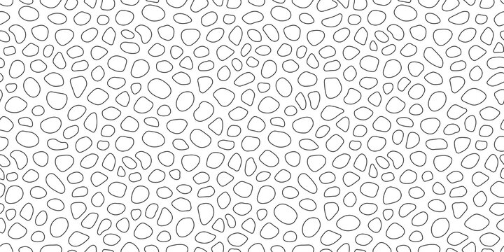 Stones monochrome seamless pattern. Abstract geometric smooth rounded shapes vector illustration. Outline effect bubbles repeated background. Black and white colors. Simple random pebbles and rocks