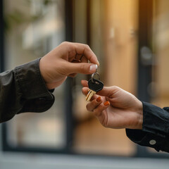 hand holding a key - Agent or Seller Handing Keys to New Homeowner in Property Sale Transaction or to New Tenant in Residential Lease or to Car Buyer