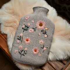 Hot Water Bottle: Knitted Cover with Embroidery for  Comfort, and Pain Relief for Cramps, Illness, and Cozy Warmth in Autumn and Winter