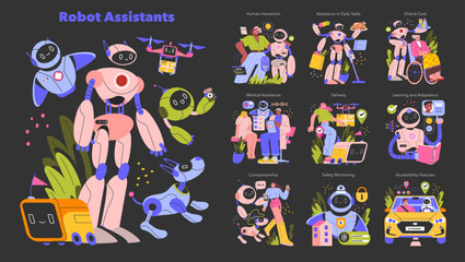 Robot Assistants. Flat Vector Illustration