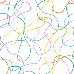 Vector abstract seamless scribble pattern. Random chaotic colorful crayon pencil lines. Background with colorful lines. Naive squiggle charcoal doodles