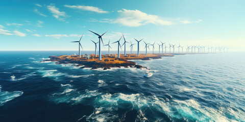 Wind turbines in a rural landscape at sunrise, golden light illuminating the scene, tranquil and serene
