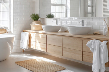 A bathroom with a Scandinavian design, featuring light wood, white walls, and minimalist fixtures.