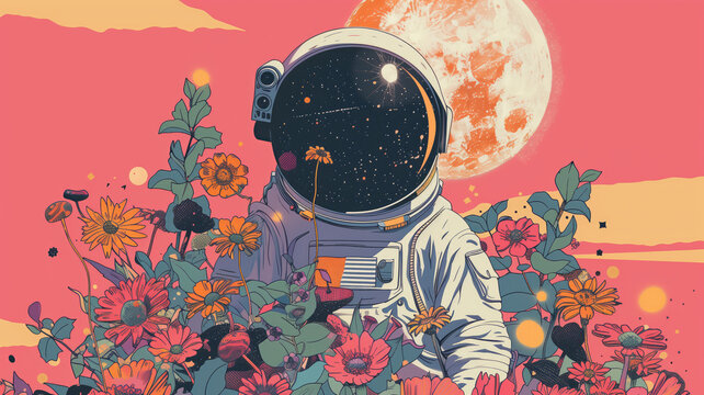 Surreal illustration of spaceman with flowers, 3d illustration, cosmos