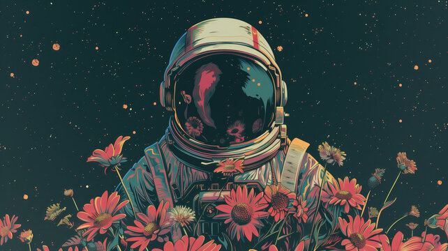 Surreal illustration of spaceman with flowers, 3d illustration, cosmos