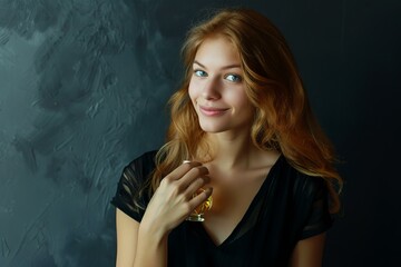 Beautiful redhead woman with long hair holding perfume bottle posing on dark background